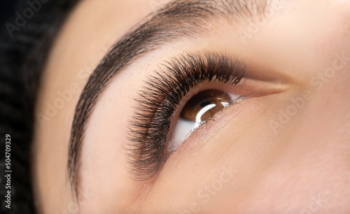 Obraz na płótnie Female eye with extra long false eyelashes, eyelash extension and eyebrow tattoo