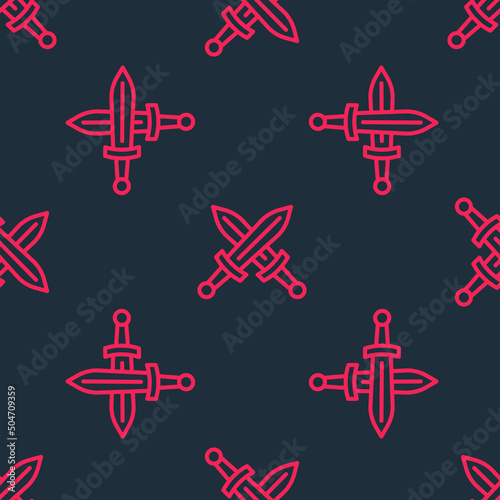 Red line Crossed medieval sword icon isolated seamless pattern on black background. Medieval weapon. Vector