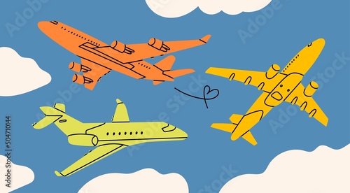 Aircraft flying above the clouds. Silhouettes of colorful passenger planes in the sky. Vacation, fast travel, transportation concept. Hand drawn Vector illustration. All elements are isolated