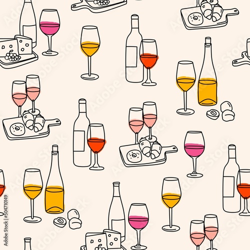 Various bottles and glasses of sweet and dry Wine. Red, white, rose wine, wooden plates with cheese, fruits, sweets. Hand drawn Vector illustration. Square seamless Pattern. Background, wallpaper 