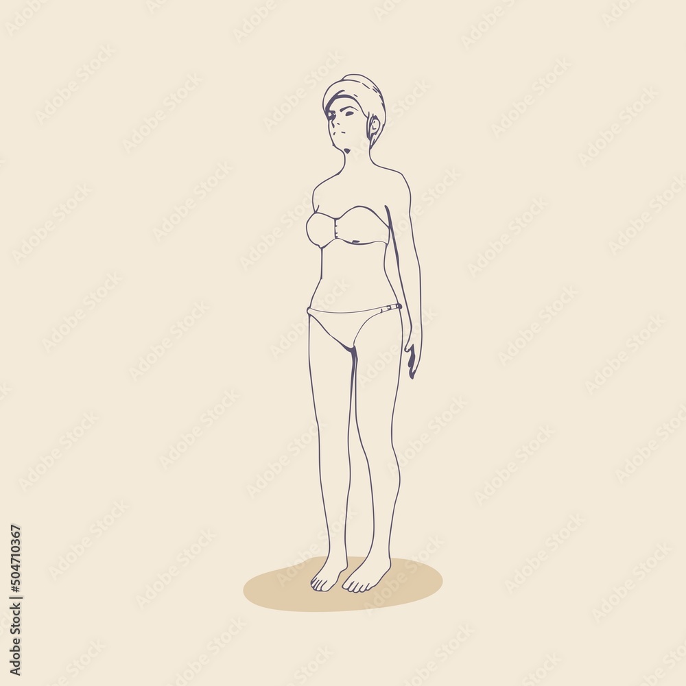 Illustration of a beautiful fashion model posing in a stylish swimsuit. Young attractive woman in bikini. Sketch style outline.