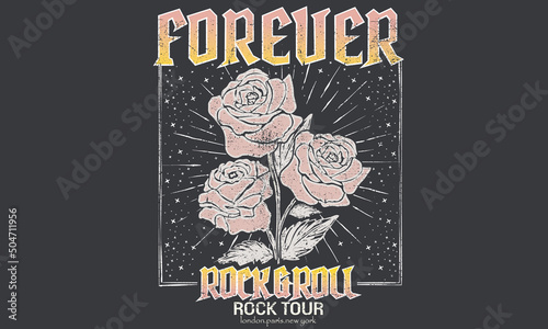 Rock and roll t-shirt design. Rose rocking vector graphic print design for apparel, stickers, posters, background and others. Rock tour vintage artwork.