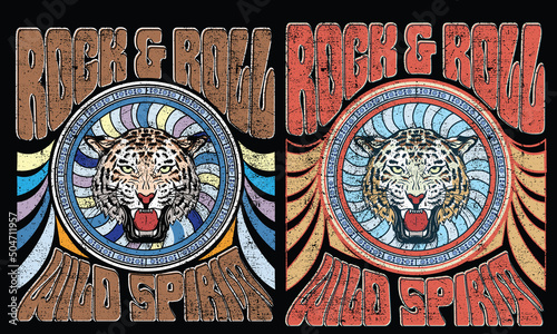 Rock and roll t-shirt design. Wild cat vector graphic print design for apparel, stickers, posters, background and others. Wild spirit vintage artwork.