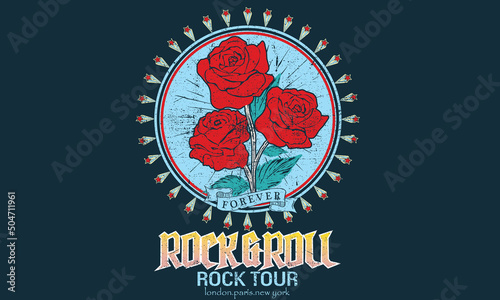 Rose rock and roll t-shirt design. Flower rocking vector graphic print design for apparel, stickers, posters, background and others. Rock tour vintage artwork.