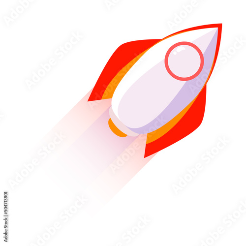 Cartoon rocket space ship isolated on white backdrop with shadow. Vector illustrations. Flying rocketship. Travel rocket to the moon. Space launch rocket launch. 