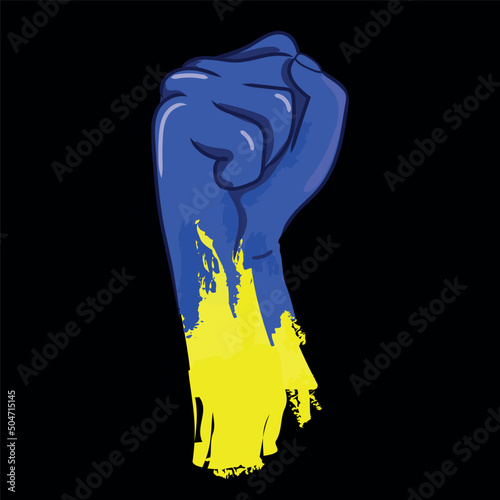 Fist up power.Ukraine fight against Russia. Fist up sign of Ukrainian resistance to Russian Aggression.Blue yellow flag colors. Concept of protest, cooperation, support. Vector graphics