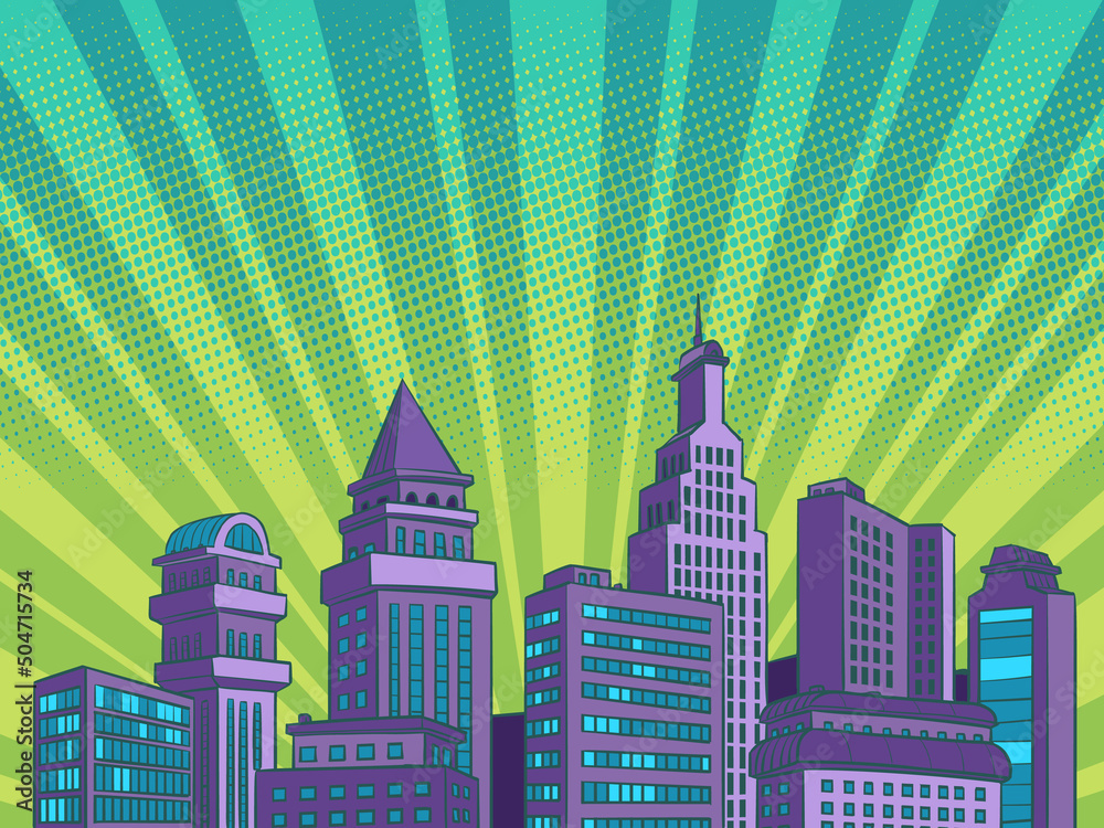 Modern city skyscrapers panorama of tall buildings, urban background Pop art style