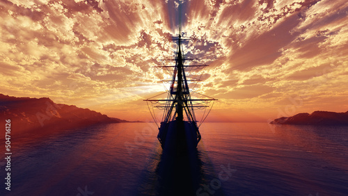 old ship sunset at sea 3d rendering