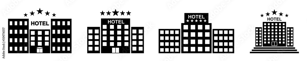 Hotel icons vector set. Black pictograms with hotels on white background. Vector 10 EPS. - obrazy, fototapety, plakaty 