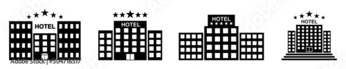 Hotel icons vector set. Black pictograms with hotels on white background. Vector 10 EPS.