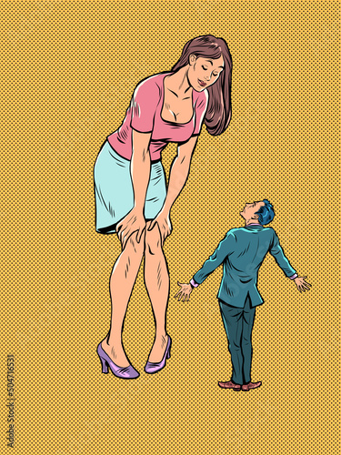 big woman and little man, feminism. Subordination in family relations