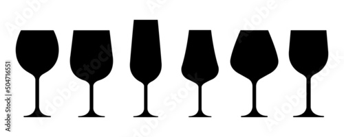 Set icons with wine glasses. Black silhouette with types wine glasses. Vector 10 EPS.