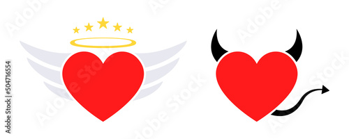 Heart with devil and angel. Symbol good and evil. Heart with wings, tail, horns. Vector 10 EPS.