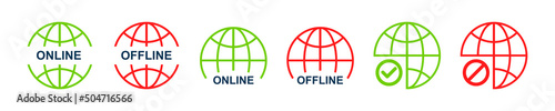 Online, offline signs vector icons. Green and red globe with no signal and good web signal. Internet connection.  photo