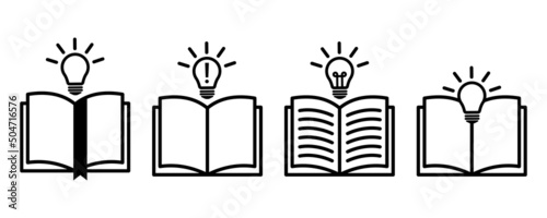 Open book and light bulb vector icons set on white background. Symbol new idea. Learning concept. 