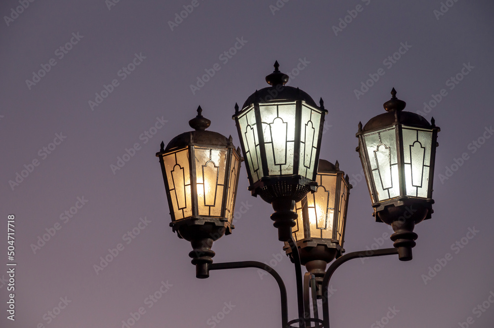 Street lights are located on the streets of the city and illuminate everything around the black night Street lights are located on the streets of the city and illuminate everything around the black night