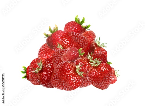 A pile of ripe strawberries. Drawing with red berries on a white background. Illustration for recipe, culinary website, prints, tablecloth, kitchen, book. Large strawberries with green leaves.