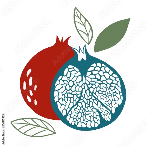 Pomegranate style illustration for posters, decoration and print. Hand drawn etching sketch of passion fruit in colorful. Vegetarian food linocut drawing.