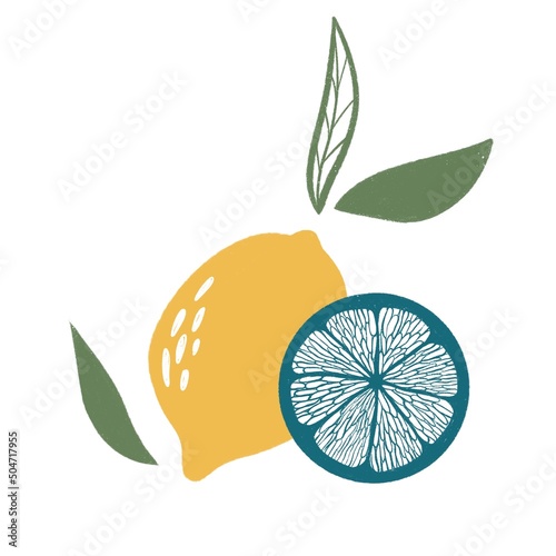 Lemon style illustration for posters, decoration and print. Hand drawn etching sketch of passion fruit in colorful. Vegetarian food linocut drawing.
