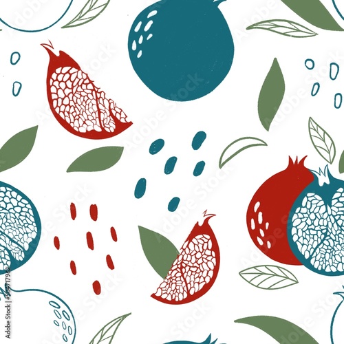 Seamless pattern of pomegranate fruit, half, whole. Hand drawn illustration texture in modern flat style for web, print posters, textile, children clothes, fabric.