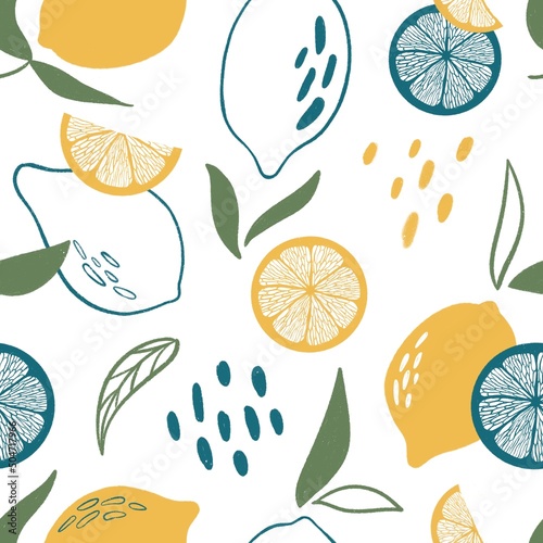 Hand drawn colorful seamless pattern of hand drawn lemons. Citrus fruit background. For textile manufacturing wallpaper posters etc.