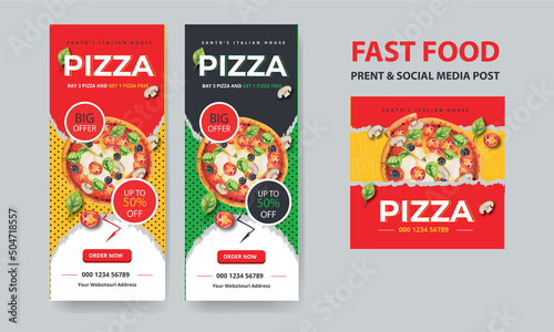 Healthy fast food menu or pizza social media marketing roll-up banner post.