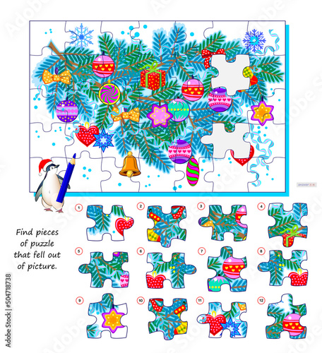 Logic game for children and adults. Find pieces of puzzle that fell out of picture. Page for kids brain teaser book. Task for attentiveness. Developing spatial thinking. Play online. Vector image.