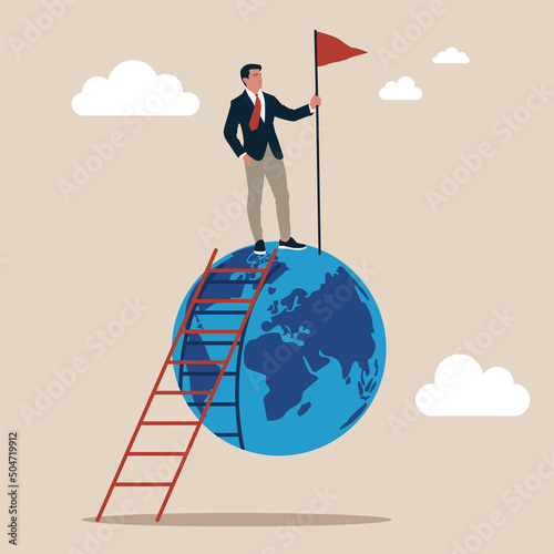 Success businessman climb up ladder holding winning flag on globe. Winning world or global business success, international opportunity to grow and expand business, worldwide career development concept