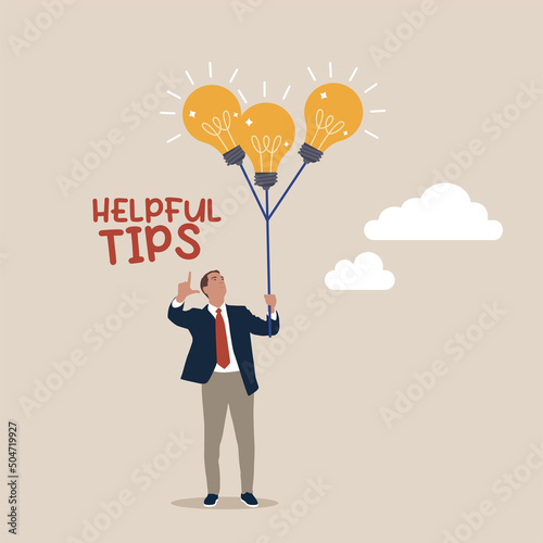 Smart businessman holding lightbulb ideas balloon telling helpful tips. Helpful tips for business, useful ideas or smart trick to success, advice or suggestion information for improvement concept.