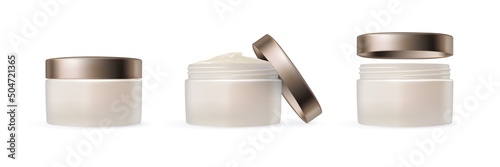 Cream jar isolated on white background. Set of closed and open plastic jar with cream. Collection of cosmetics for skin care. Vector illustration