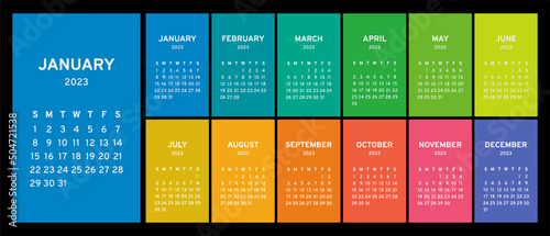Calendar 2023. Vector colorful calender template. Week starts on Sunday