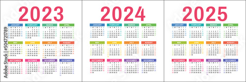 Calendar 2023, 2024 and 2025 years. Calender design template. Week starts on Sunday. January, February, March, April, May, June, July, August, September, October, November, December