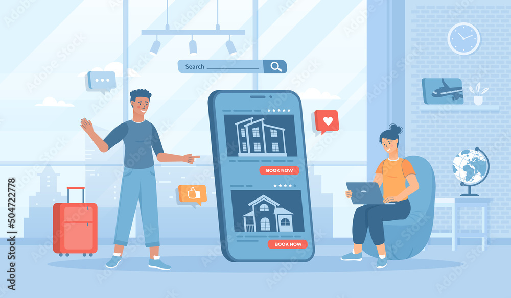 Booking a hotel online service,  tourism planning. Mobile app for booking apartment for vacation, traveling. Flat cartoon vector illustration with people characters for banner, website design.