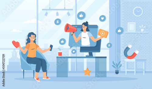 Video marketing. Advertising campaign using viral promo videos, attracting people from social media. Flat cartoon vector illustration with people characters for banner, website design or landing page