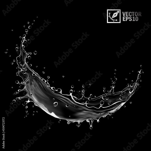 3D realistic transparent isolated vector splash of water with drops in the form of a circle or vortex on black background