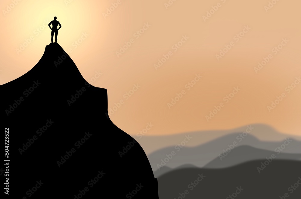 Climber on the mountain top peak illustration on orange sunset view background. Achievement and success concept idea. Empty blank copy space area for business life advertising or ad texts.