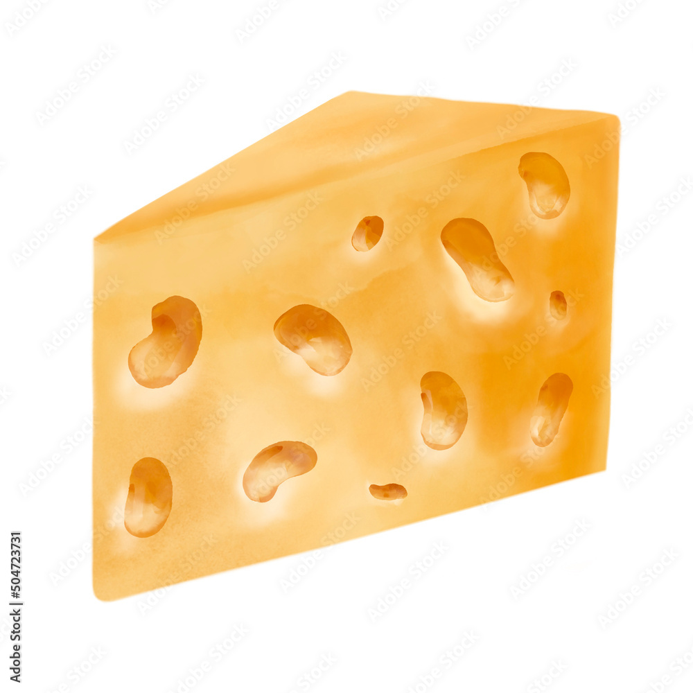 Sliced yellow piece of cheese with large holes on a white background. Watercolor style Sliced yellow piece of cheese with large holes on a white background. Watercolor style