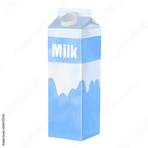 Paper blue box with the inscription milk on a white background. Painted in watercolor style