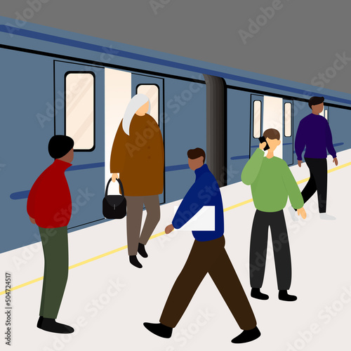 Underground subway station. People of different nationalities get out of the car, waiting and standing on the platform with the background of a subway train. Concept of urban transport. Vector 