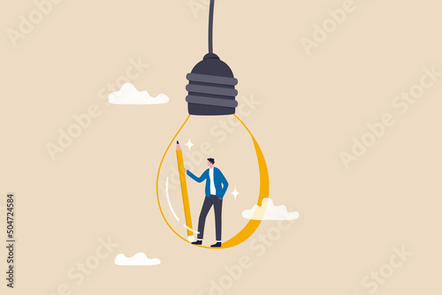 Creative idea, imagination or inspiration, creativity to thinking about solution or invention, new idea, knowledge or education concept, creative man holding pencil think about idea on lightbulb.