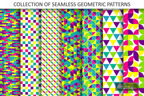Collection of colorful repeatable geometric patterns. Bright abstract fashion artwork backgrounds. Endless stylish mosaic tile textures. You can find seamless design in swatches panel