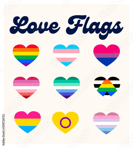 LGBTQ+ sexual identity pride flags collection. Flag of gay, transgender, bisexual, lesbian etc. Pride concept. Rainbow heart