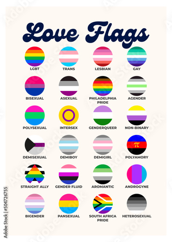 LGBTQ+ sexual identity pride flags collection. Flag of gay, transgender, bisexual, lesbian etc. Pride concept