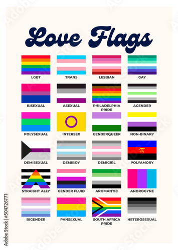 LGBTQ+ sexual identity pride flags collection. Flag of gay, transgender, bisexual, lesbian etc. Pride concept