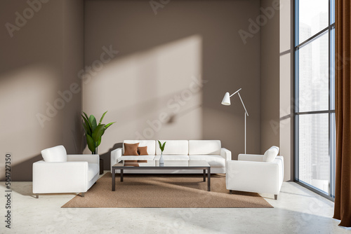 Front view on dark living room interior with brown wall