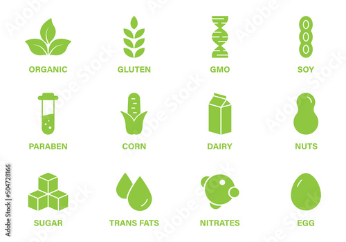 Vegan Food Product Silhouette Green Icon Set. Organic Allergy Ingredient Sign. Gluten, Sugar, Trans Fat, Corn, GMO, Dairy, Nitrates, Soy, Milk, Nuts, Egg and Paraben. Isolated Vector Illustration