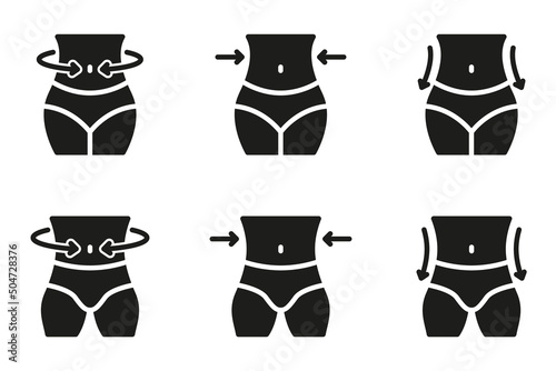 Slimming Waist. Woman and Man Loss Weight Silhouette Icon. Shape Waistline Control Black Icon. Set of Female and Male Body Slimming Pictogram. Isolated Vector Illustration