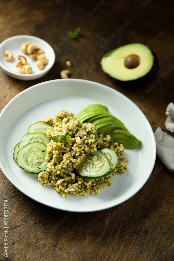 Couscous with pesto, cucumber and avocado Couscous with pesto, cucumber and avocado