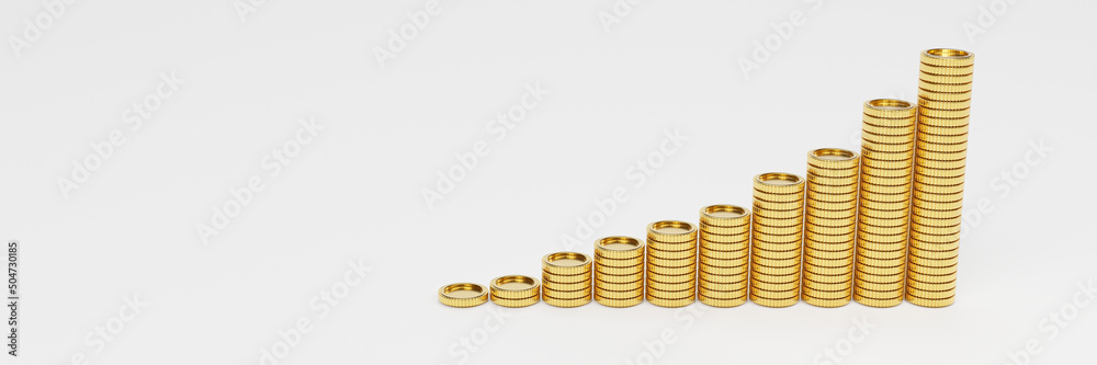 Isolation of increasing golden coin stacking for growth saving and business investment concept by 3d render illustration.