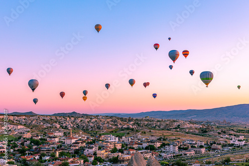 nevsehir-turkey. may 25 2021.Hot air balloon flying over the magnificent Cappadocia
